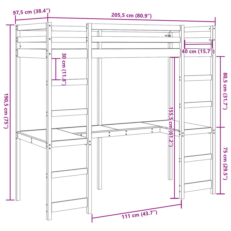 Letto a Soppalco con Scrivania 90x200 cm Legno Massello Pino 3308565