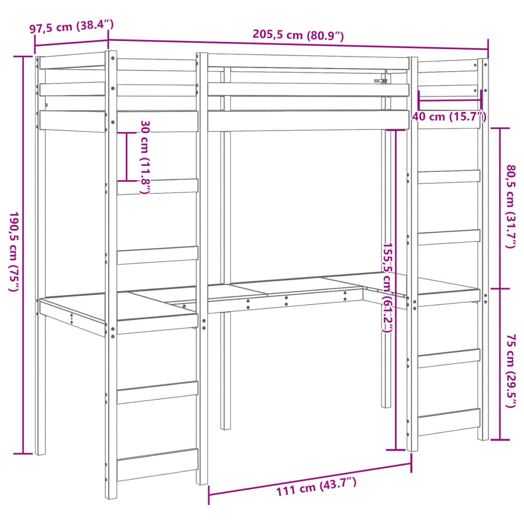 Letto Soppalco con Scrivania Marrone Cera 90x200 cm Legno Pino 3308567