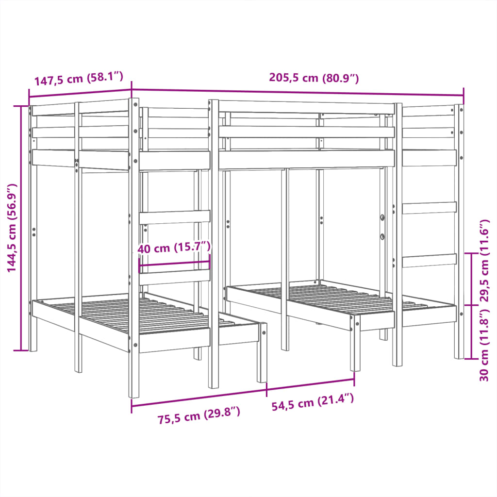 Giroletto Castello Triplo 140x200/70x140cm Legno Massello Pino 3308577