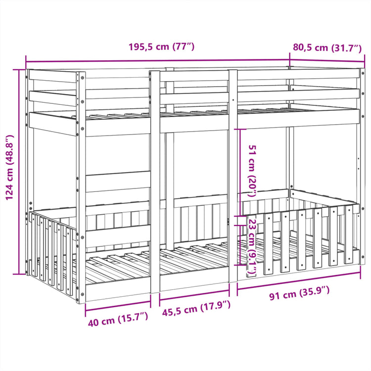 Letto a Castello 75x190 cm in Legno Massello di Pino 3308595