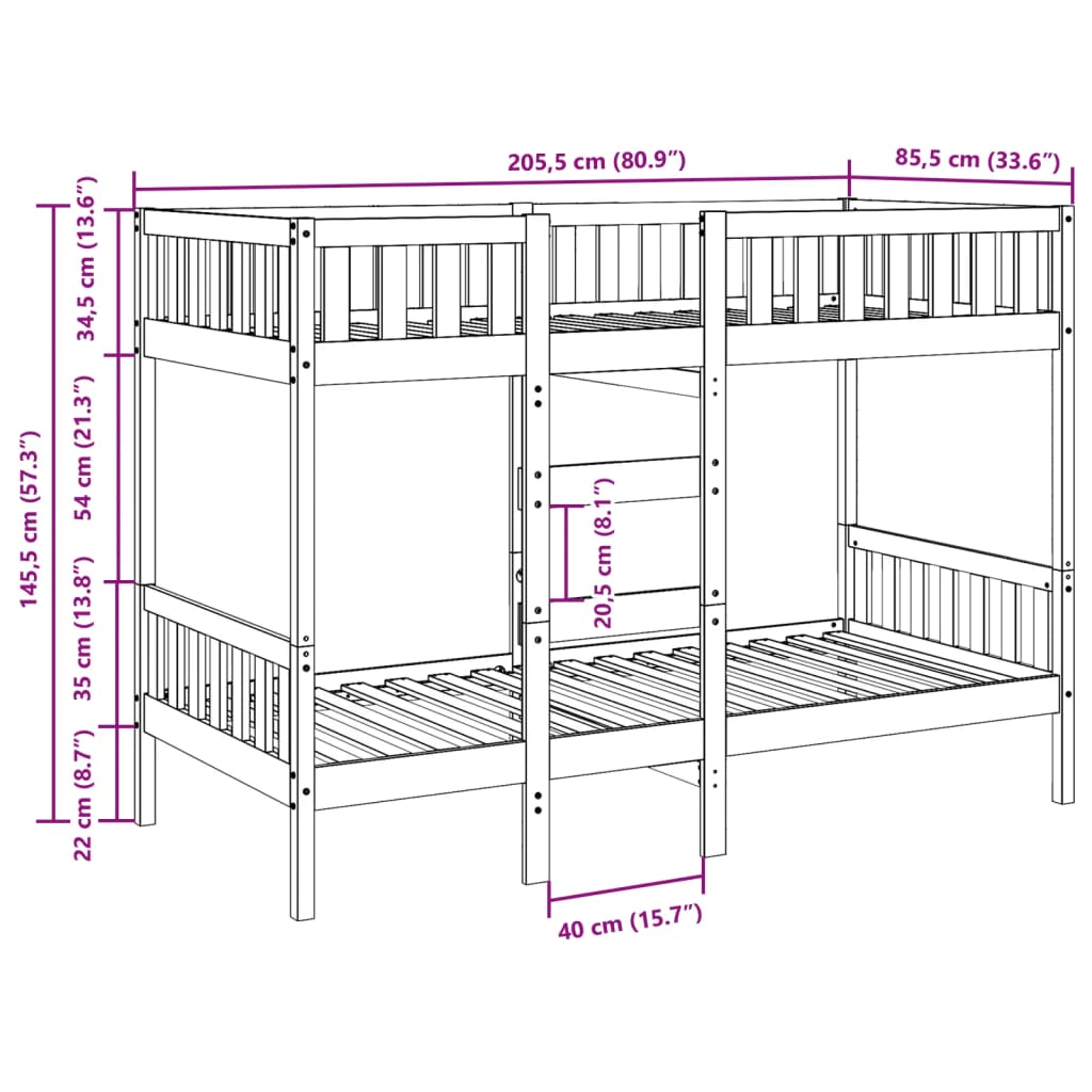 Letto a Castello 80x200 cm in Legno Massello di Pino 3308598