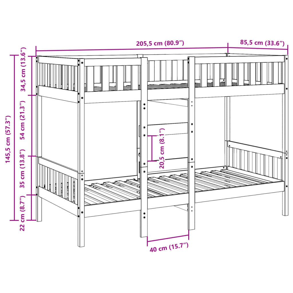 Letto a Castello Bianco 80x200 cm in Legno Massello di Pino 3308599