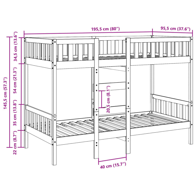 Letto a Castello Marrone Cera 90x190 cm in Legno di Pino 3308606