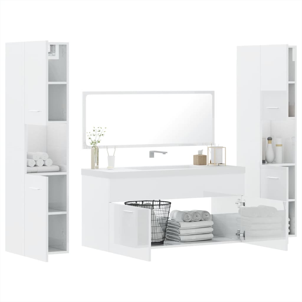 Set Mobili da Bagno 4 pz Bianco Lucido in Legno Multistrato 3308540