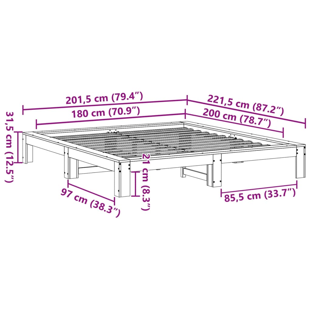 Letto senza Materasso Bianco 180x200 cm Legno Massello di Pino 3308730