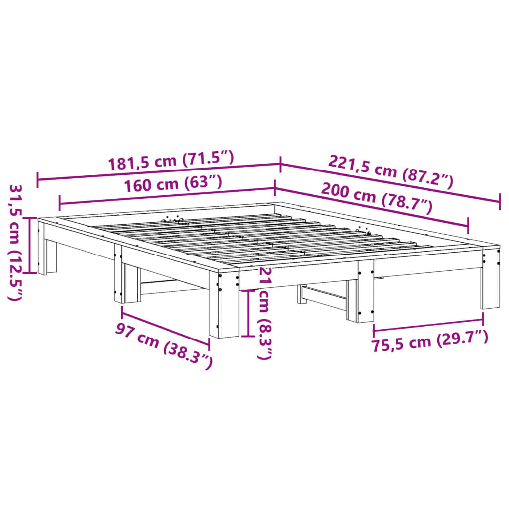 Letto senza Materasso Bianco 160x200 cm Legno Massello di Pino 3308733