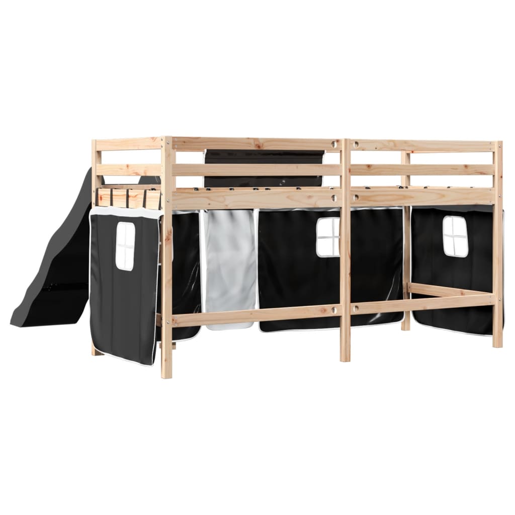 Letto a Soppalco con Tende Bambini Bianco e Nero 80x200 cm Pino 3309065