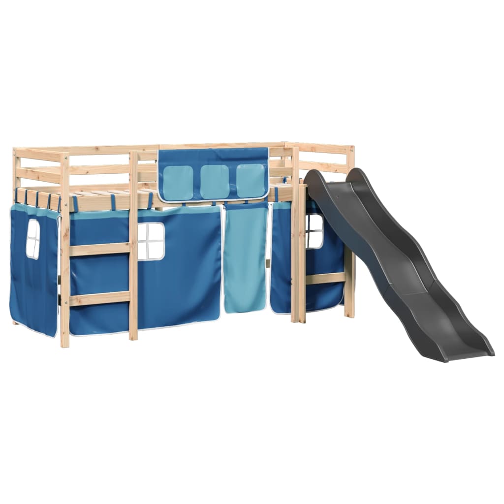 Letto a Soppalco con Tende Bambini Blu 80x200 cm Massello Pino 3309066