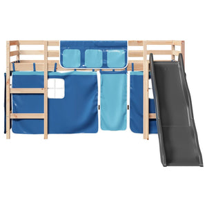 Letto a Soppalco con Tende Bambini Blu 80x200 cm Massello Pino 3309066