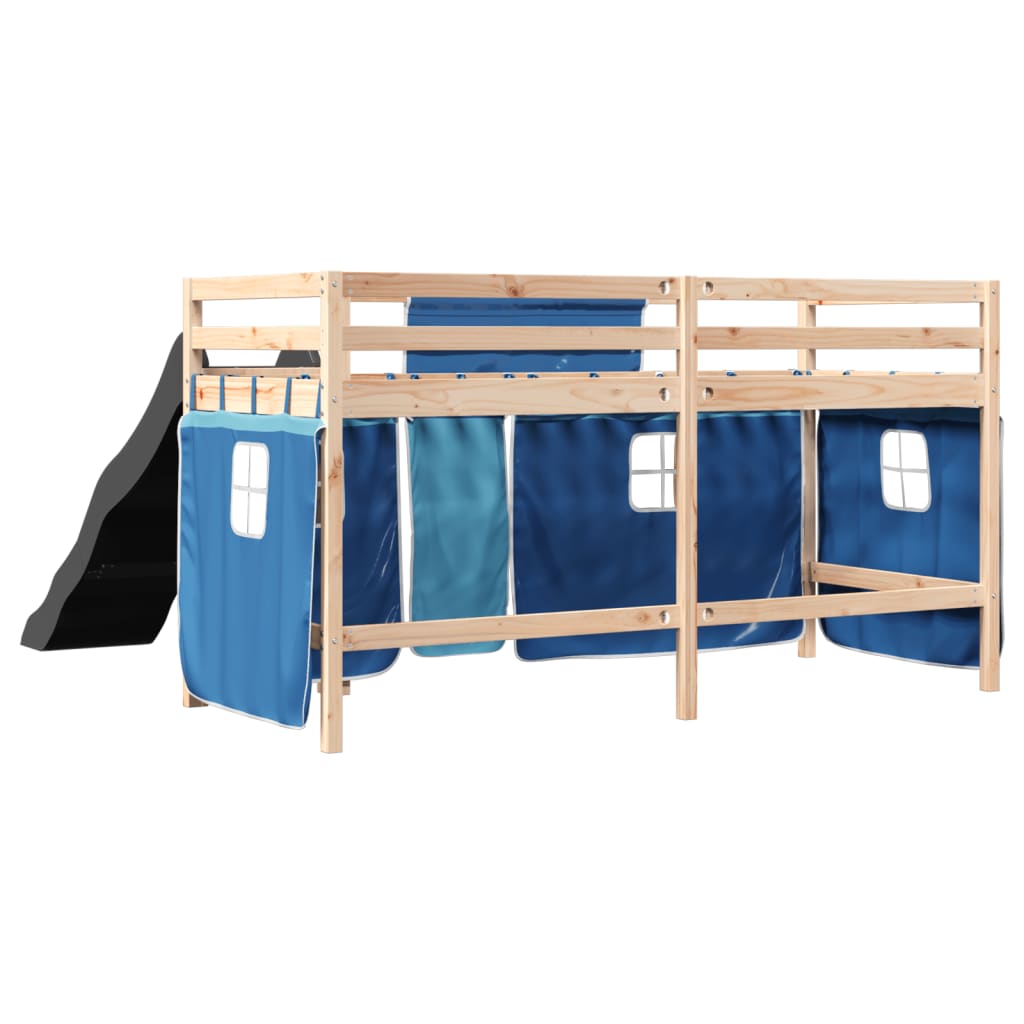 Letto a Soppalco con Tende Bambini Blu 80x200 cm Massello Pino 3309066