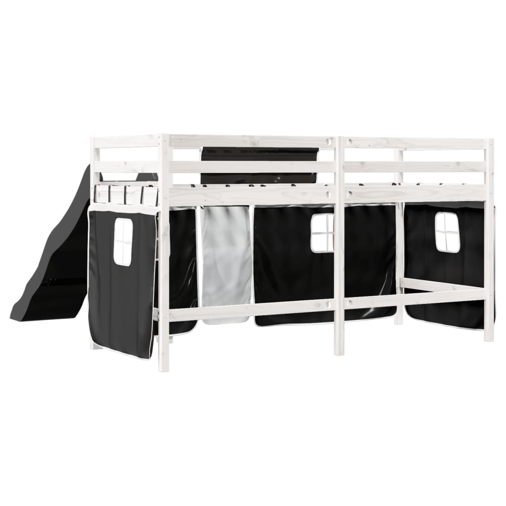 Letto a Soppalco con Tende Bambini Bianco e Nero 80x200 cm Pino 3309068