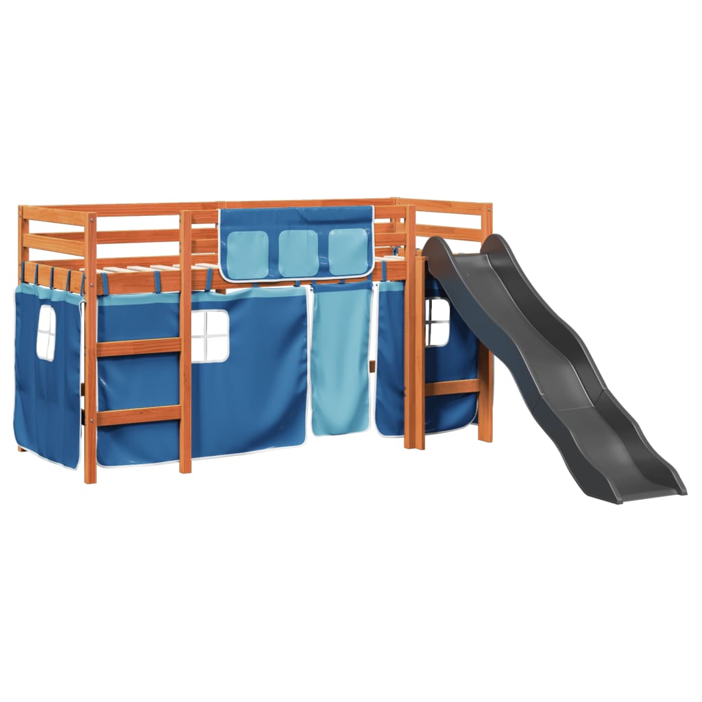 Letto a Soppalco con Tende Bambini Blu 80x200 cm Massello Pino 3309072