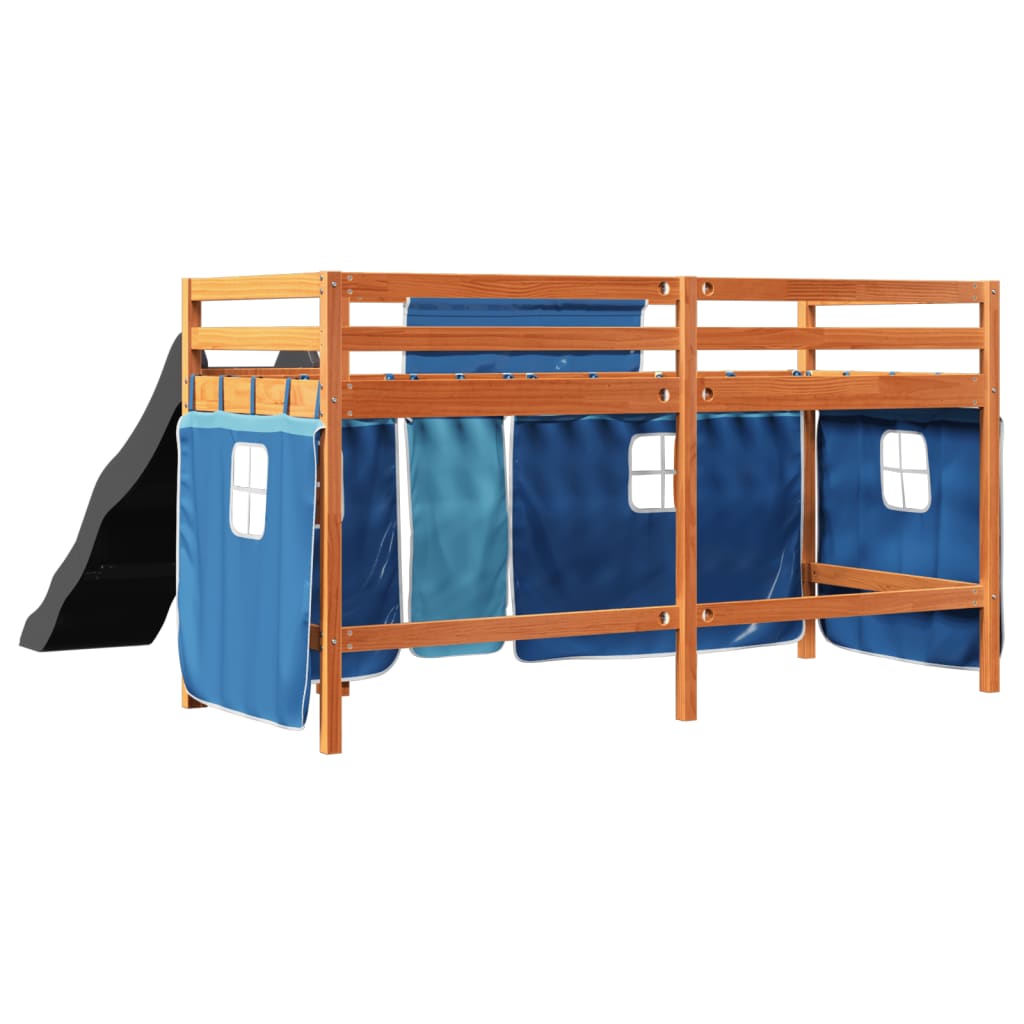 Letto a Soppalco con Tende Bambini Blu 80x200 cm Massello Pino 3309072