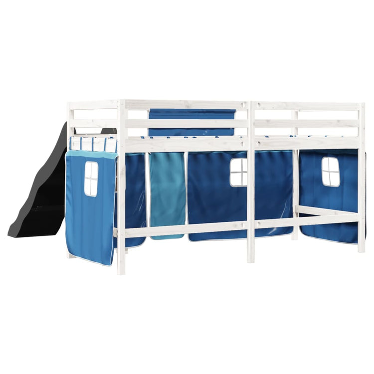 Letto a Soppalco con Tende Bambini Blu 90x200 cm Massello Pino 3309078