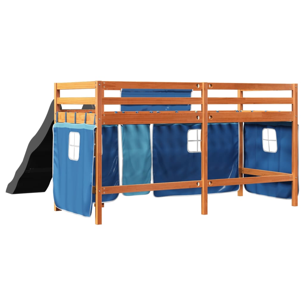 Letto a Soppalco con Tende Bambini Blu 90x200 cm Massello Pino 3309081