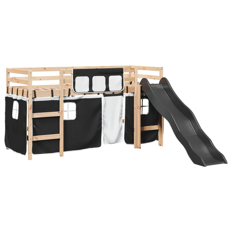 Letto a Soppalco Bambini con Tende Bianco e Nero 90x190 cm Pino 3309083