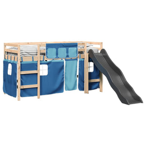 Letto a Soppalco Bambini con Tende Blu 90x190 cm Massello Pino 3309084