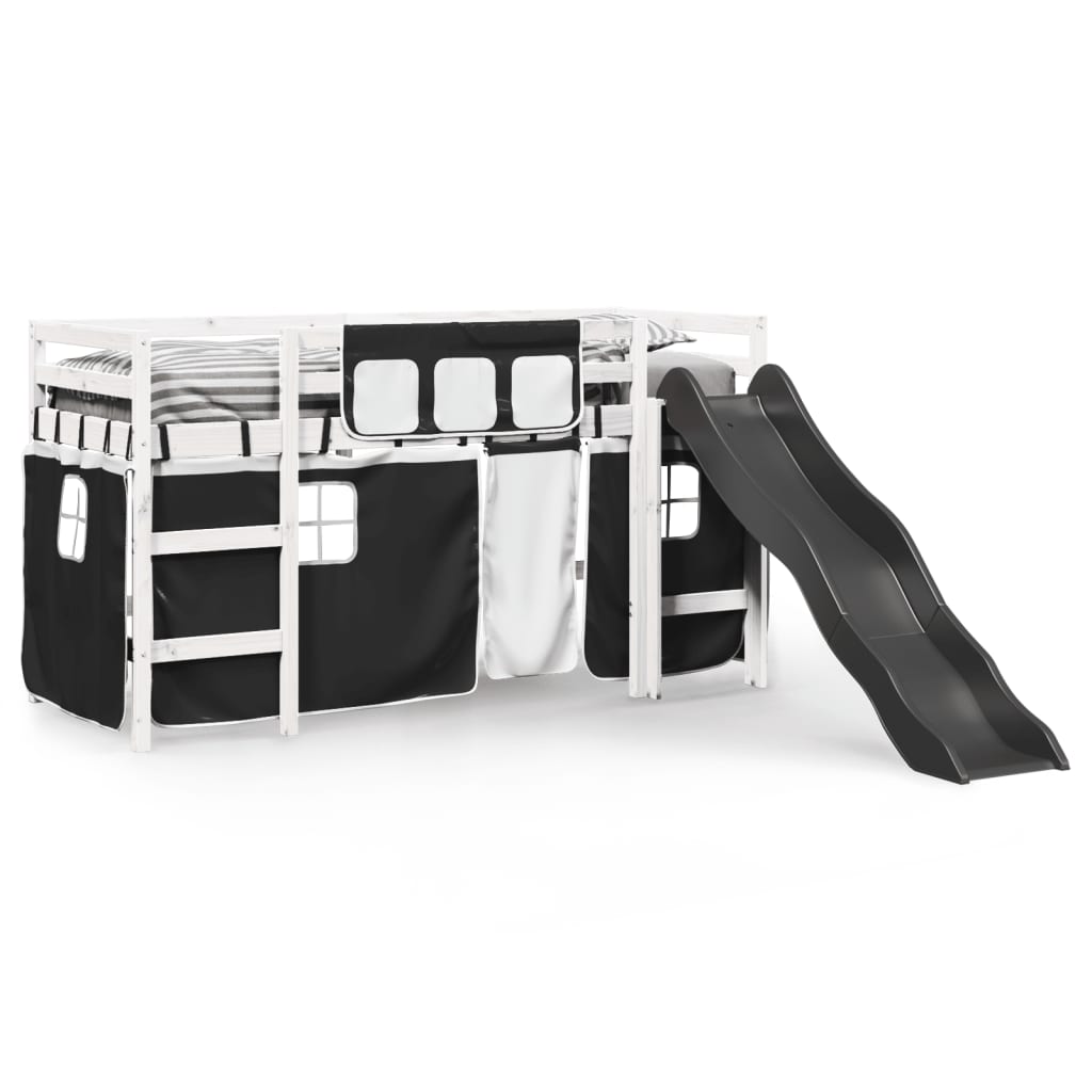 Letto a Soppalco Bambini con Tende Bianco e Nero 90x190 cm Pino 3309086