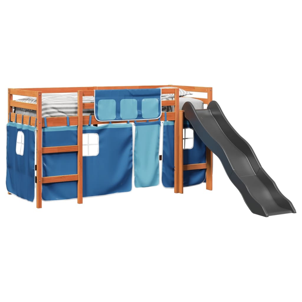 Letto a Soppalco Bambini con Tende Blu 90x190 cm Massello Pino 3309090