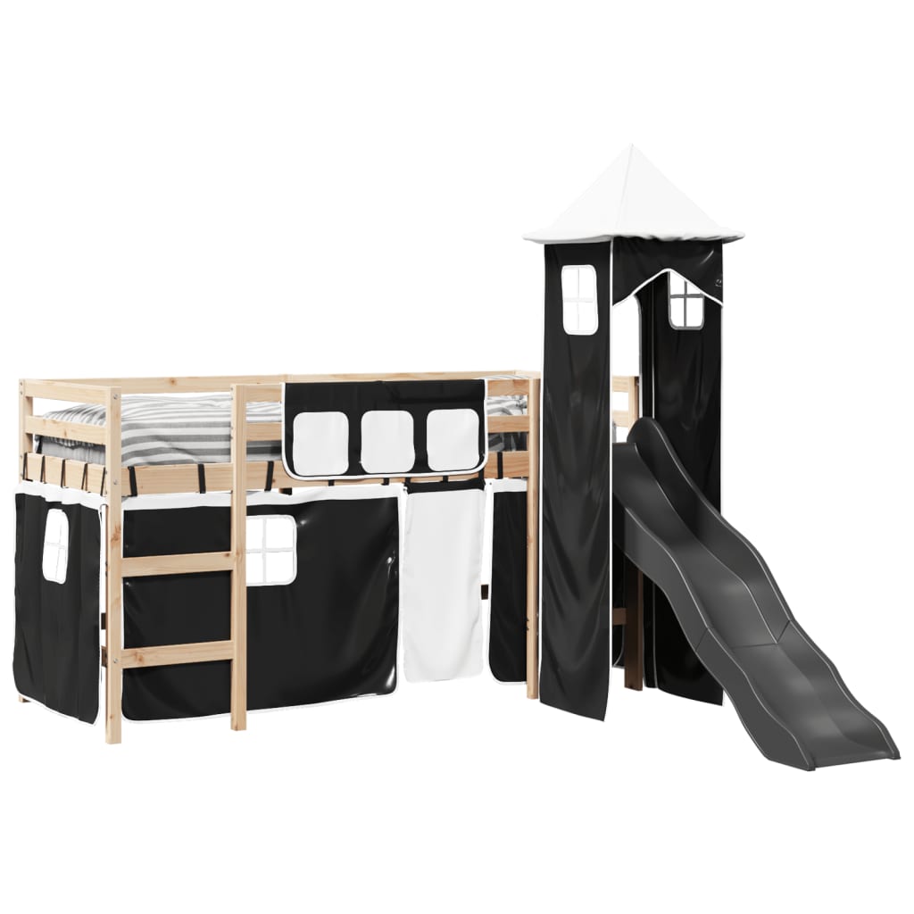 Letto a Soppalco con Torre Bambini Bianco e Nero 80x200cm Pino 3309119