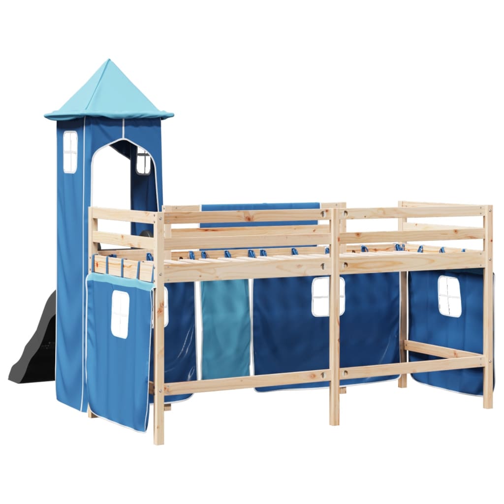 Letto a Soppalco con Torre Bambini Blu 80x200cm Massello Pino 3309120