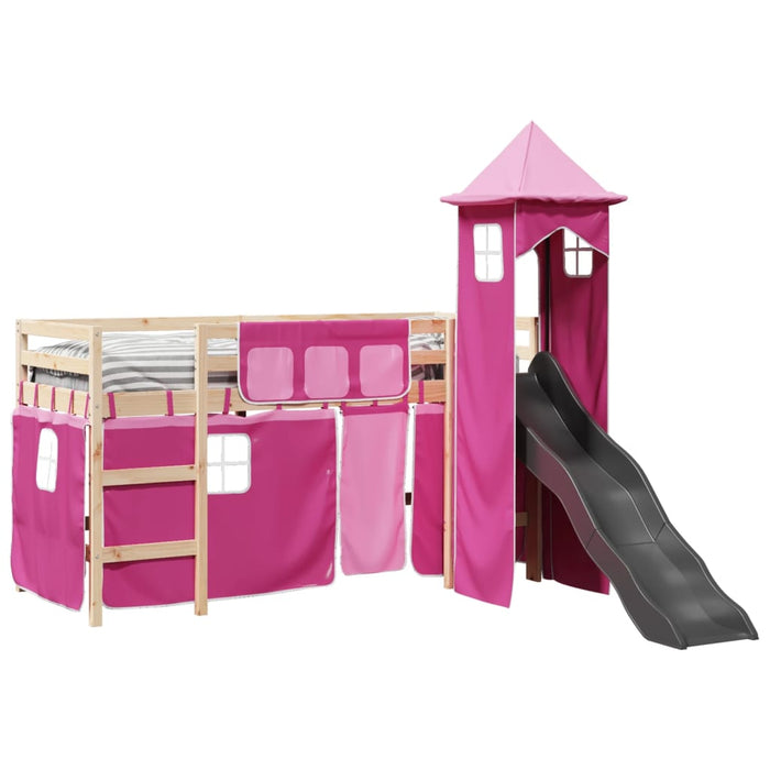 Letto a Soppalco con Torre Bambini Rosa 80x200cm Massello Pino 3309121