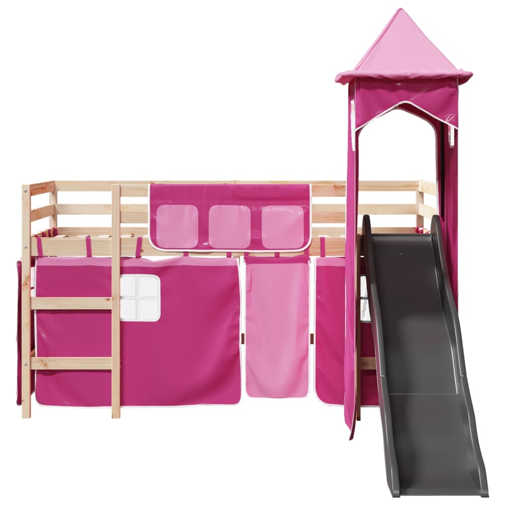 Letto a Soppalco con Torre Bambini Rosa 80x200cm Massello Pino 3309121