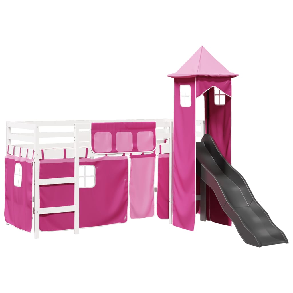 Letto a Soppalco con Torre Bambini Rosa 80x200cm Massello Pino 3309124