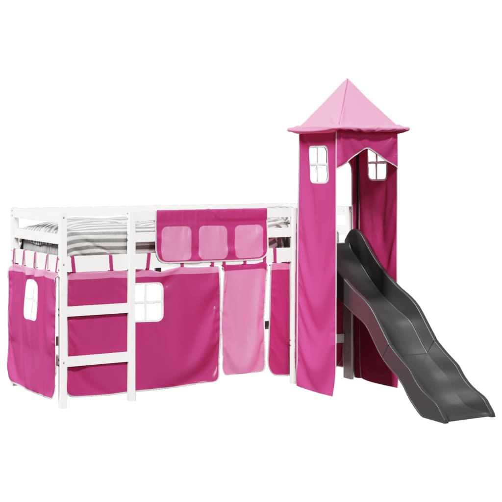 Letto a Soppalco con Torre Bambini Rosa 80x200cm Massello Pino 3309124