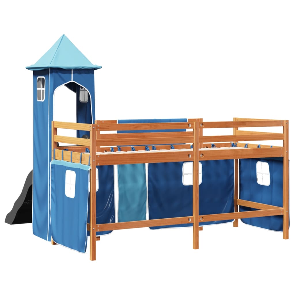 Letto a Soppalco con Torre Bambini Blu 80x200cm Massello Pino 3309126