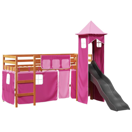 Letto a Soppalco con Torre Bambini Rosa 80x200cm Massello Pino 3309127