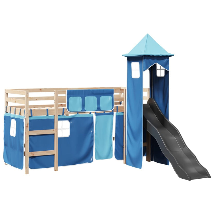 Letto a Soppalco con Torre Bambini Blu 90x200cm Massello Pino 3309129