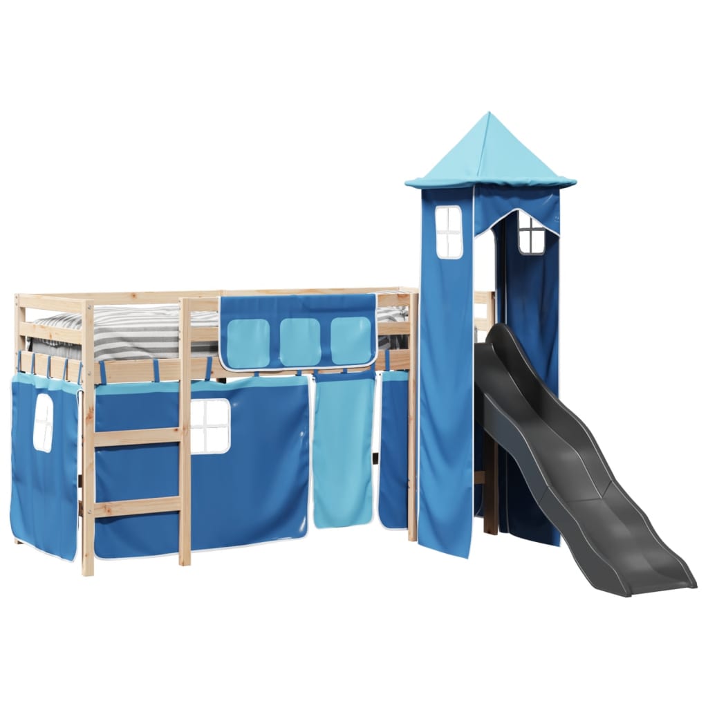 Letto a Soppalco con Torre Bambini Blu 90x200cm Massello Pino 3309129