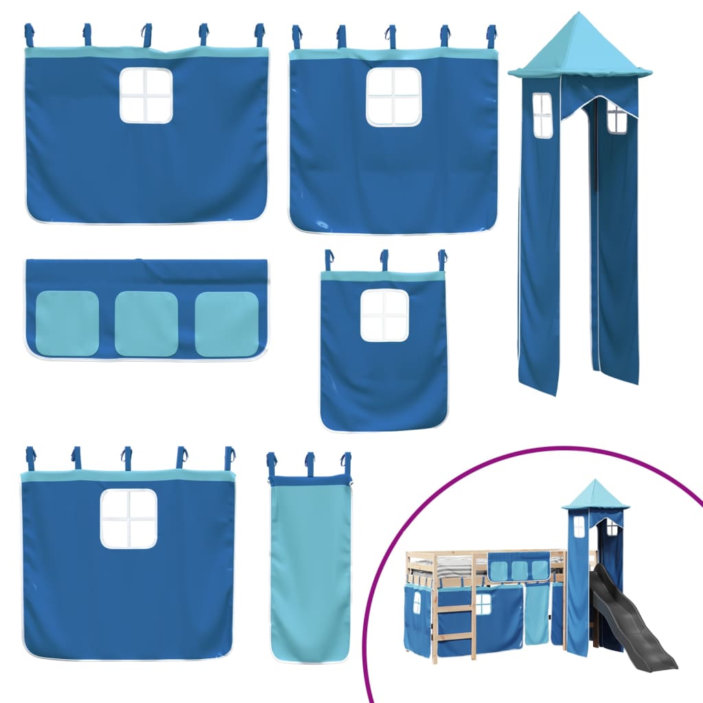 Letto a Soppalco con Torre Bambini Blu 90x200cm Massello Pino 3309129