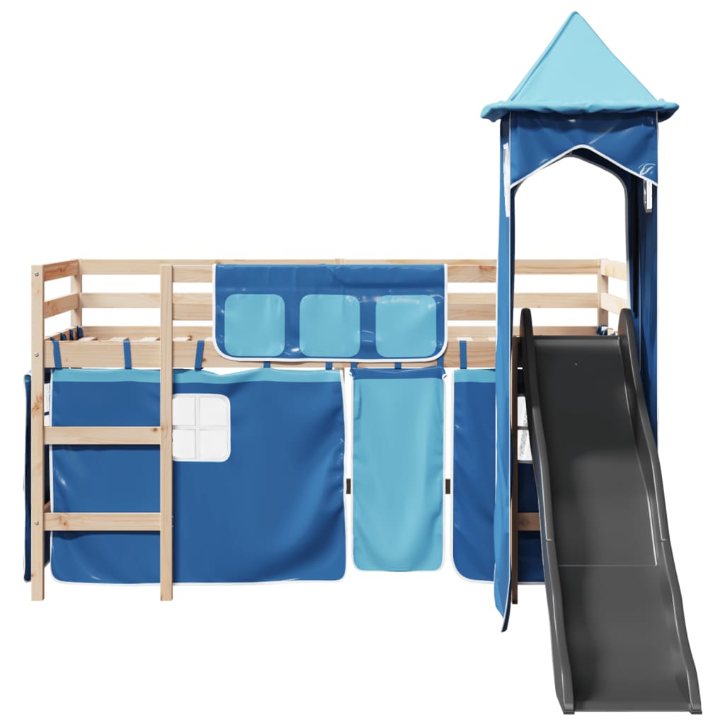 Letto a Soppalco con Torre Bambini Blu 90x200cm Massello Pino 3309129