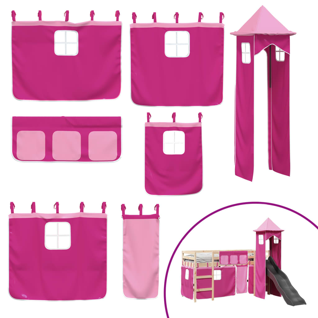 Letto a Soppalco con Torre Bambini Rosa 90x200cm Massello Pino 3309130