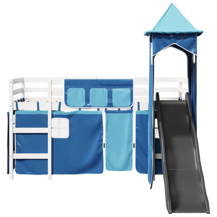 Letto a Soppalco con Torre Bambini Blu 90x200cm Massello Pino 3309132