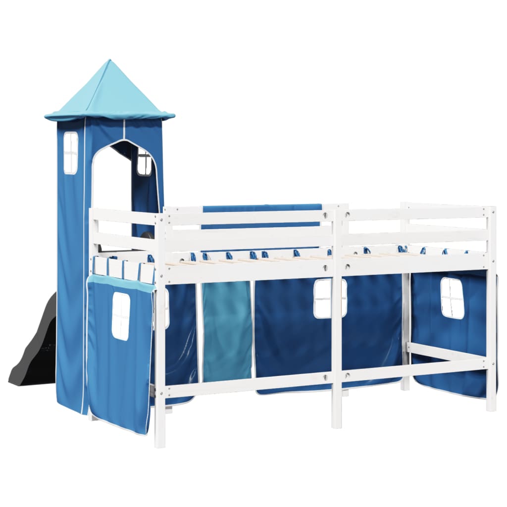 Letto a Soppalco con Torre Bambini Blu 90x200cm Massello Pino 3309132