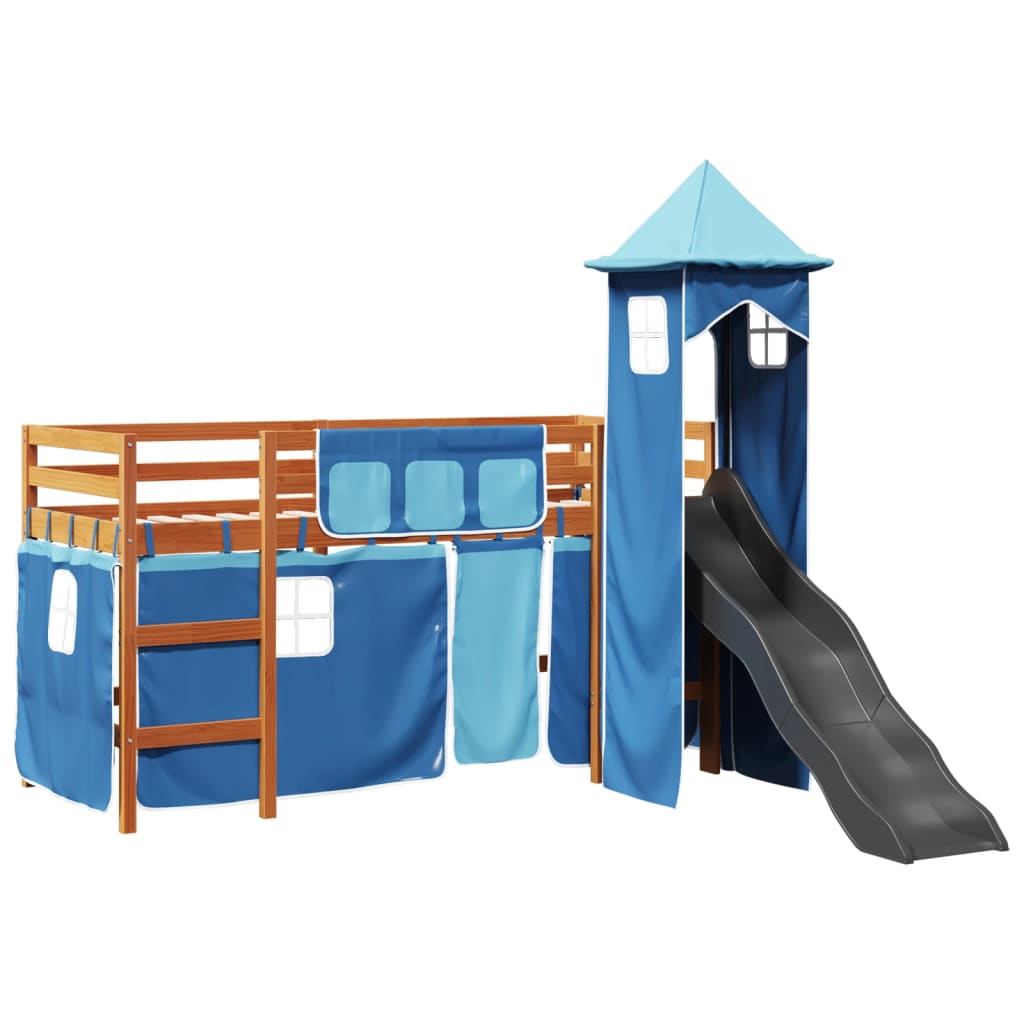 Letto a Soppalco con Torre Bambini Blu 90x200cm Massello Pino 3309135