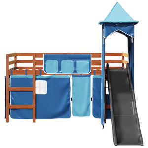 Letto a Soppalco con Torre Bambini Blu 90x200cm Massello Pino 3309135