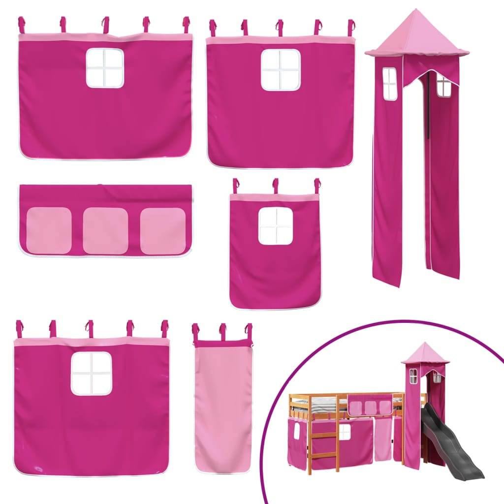 Letto a Soppalco con Torre Bambini Rosa 90x200cm Massello Pino 3309136