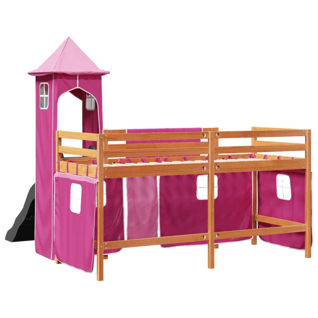 Letto a Soppalco con Torre Bambini Rosa 90x200cm Massello Pino 3309136