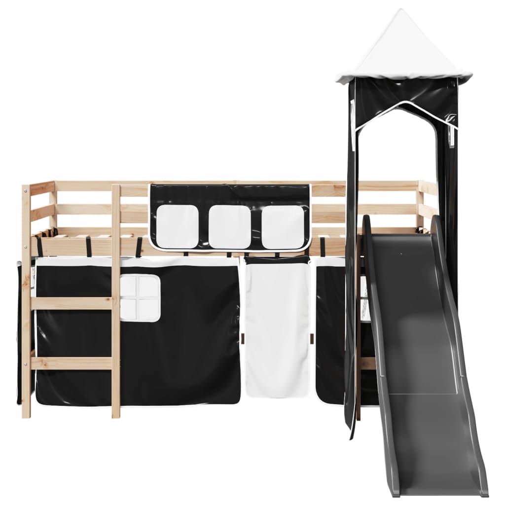 Letto a Soppalco con Torre Bambini Bianco e Nero 90x190cm Pino 3309137