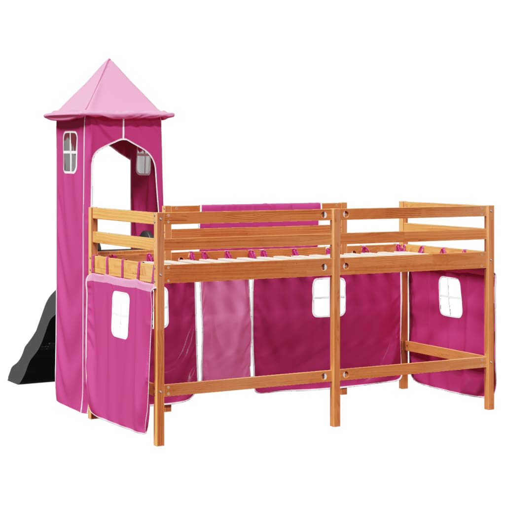 Letto a Soppalco con Torre Bambini Rosa 90x190cm Massello Pino 3309145