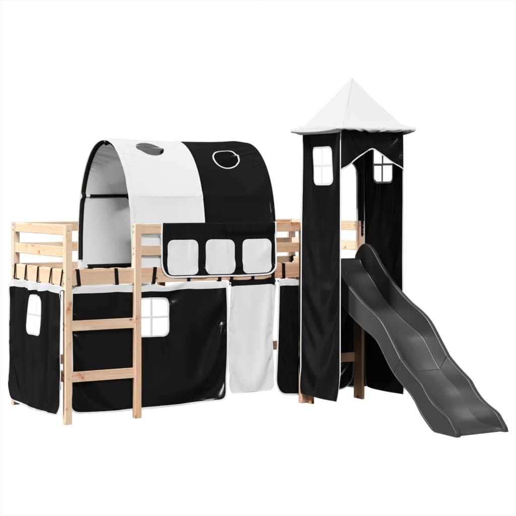 Letto a Soppalco con Torre Bambini Bianco e Nero 80x200cm Pino 3309146