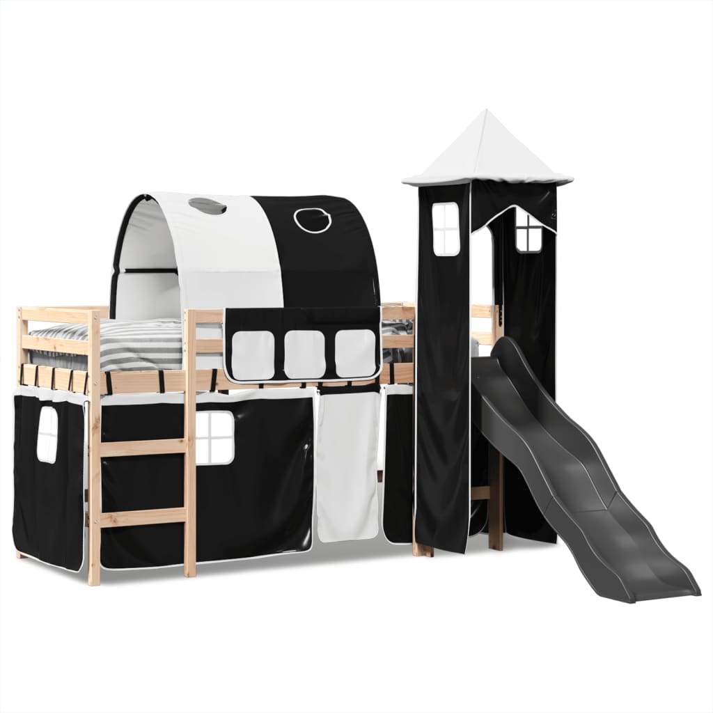 Letto a Soppalco con Torre Bambini Bianco e Nero 80x200cm Pino 3309146