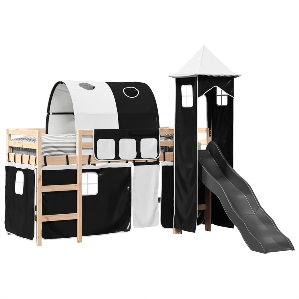 Letto a Soppalco con Torre Bambini Bianco e Nero 80x200cm Pino 3309146