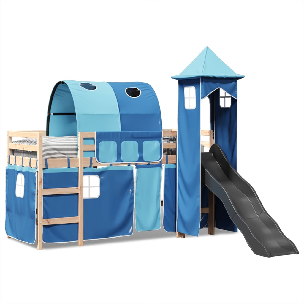 Letto a Soppalco con Torre Bambini Blu 80x200cm Massello Pino 3309147