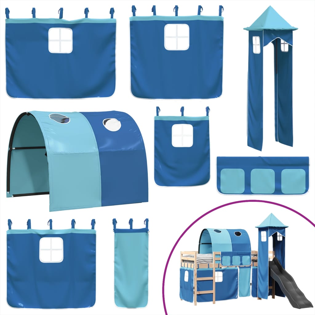 Letto a Soppalco con Torre Bambini Blu 80x200cm Massello Pino 3309147