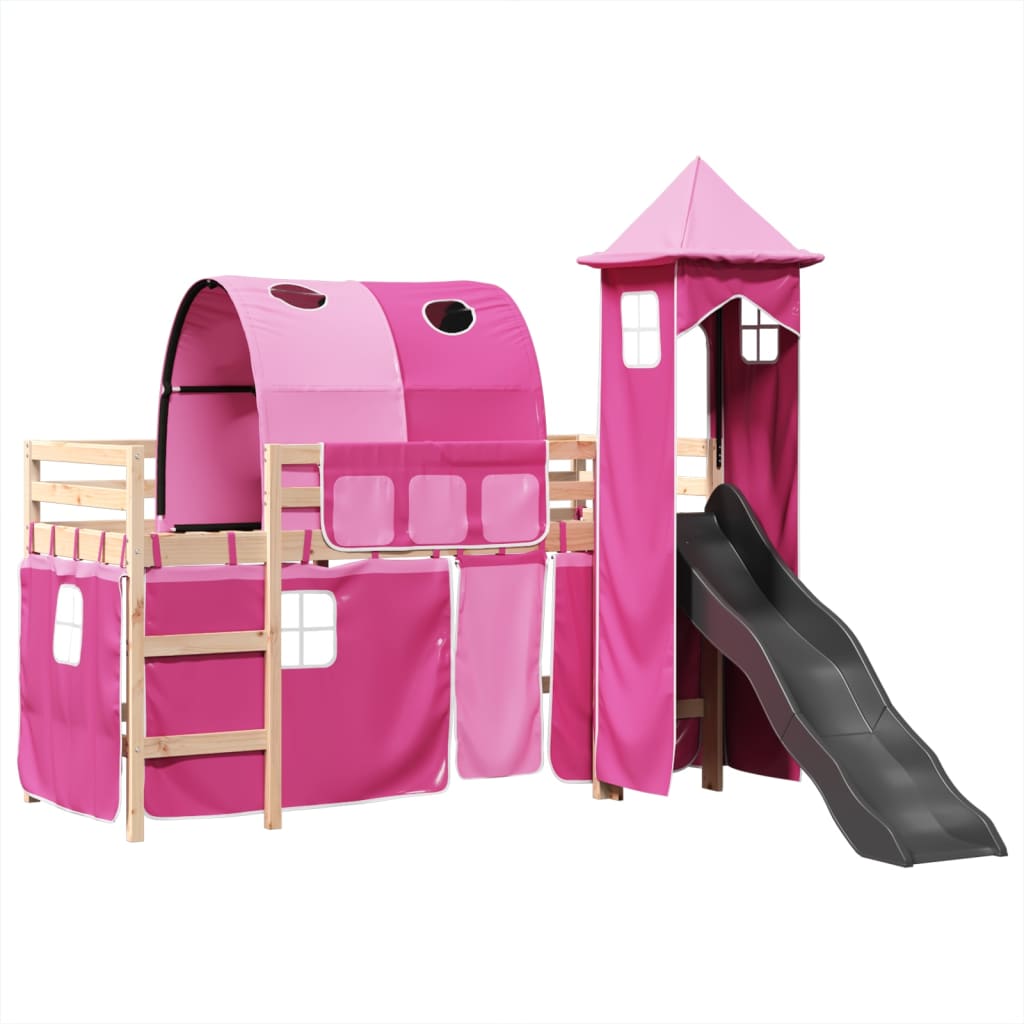 Letto a Soppalco con Torre Bambini Rosa 80x200cm Massello Pino 3309148